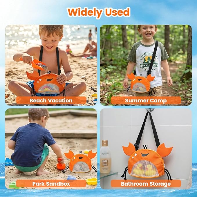 AMOR PRESENT Mesh Beach Bag for Kids, Shell Collecting Bag with Shovel Adjustable Strap for Holding Shell Sea Pool Sand Toy, Orange