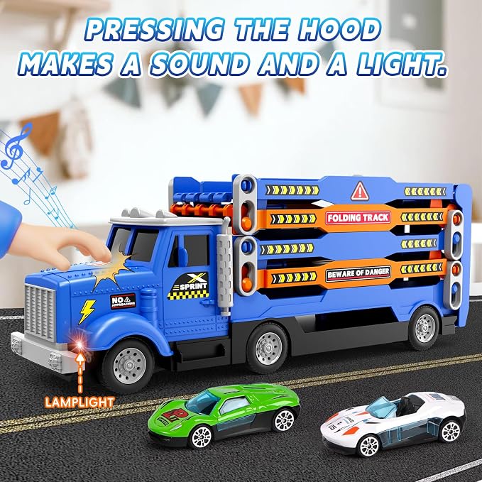 HONGTUO Toddler Truck Track Set with Lights & Sounds – 55-Inch Racing Track with 6 Die-Cast Cars, Perfect Birthday for 3 4 5 6 7 Years Old Boys and Girls