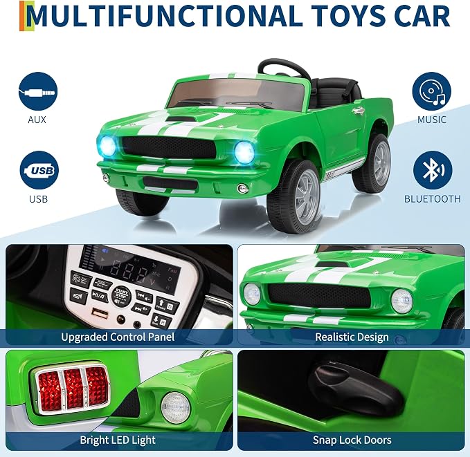 Garvee 24V 2 Seater Ride on Licensed Shelby GT350, Battery Powered Ride on Toys for Kids with Remote Control, Ford Shelby Kids Electric Vehicle 2 Seat, Safety Belt, 2 Speeds, LED Lights, Green