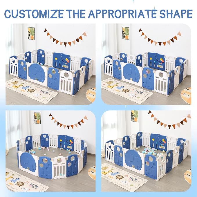 Baby Playpen, 18-Panel Foldable Play Pen for Babies and Toddlers, Indoor Outdoor Baby Fence with Sensory Play Panel, Adjustable Shape Activity Play Center, Portable & Easy Assemble
