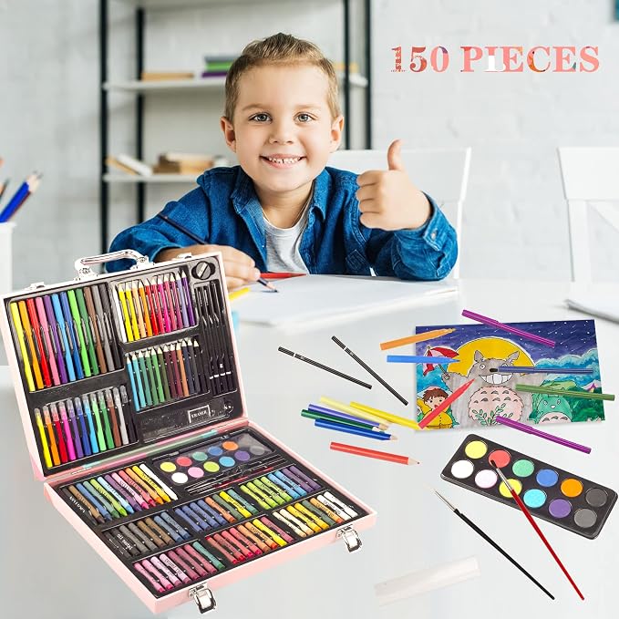 KINSPORY 150PC Art Set with Sketch Book, Coloring Art Kit Drawing Art Supplies Case, Markers Crayon Colour Pencils for Budding Artists Kids Teens Boys (Pink)