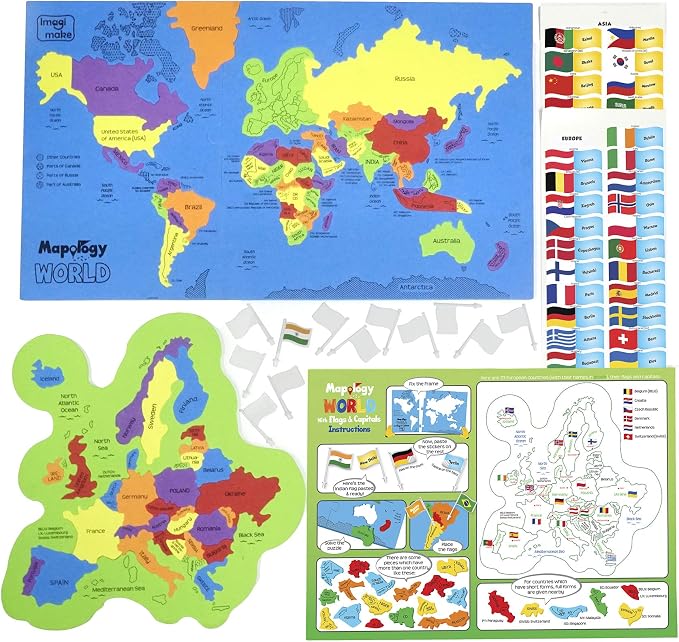 Imagimake Mapology USA & World Map Puzzle with Flags, Capitals, Stickers | Educational Toys for Ages 5-7 | Jigsaw Puzzles for Kids Ages 8-10 | Geography Toys for Age 8-13 | 6 Year Old Boy & Girl Gifts