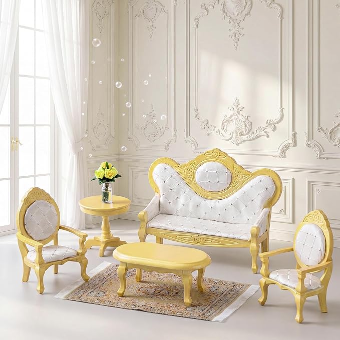 Skylety 7 Pcs Wooden Dollhouse Furniture Set 1: 12 Scale Victorian Dollhouse Bedroom Furniture, Bed Dressing Table Wardrobe Carpet for Adults Toys Miniature Doll House Accessories(Gold,Fashion)