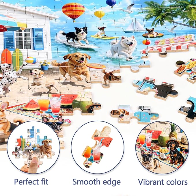 MZZOTOY Dog Beach Party Puzzle for Kids Ages 4-8, 100 Pieces Jigsaw Puzzles for Kids Ages 3-5， Learning Educational Puzzles Toys Great Gift for Boys Girls in a Metal Box