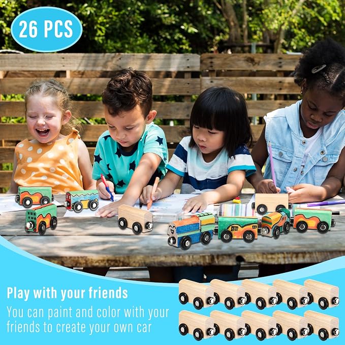 Lenwen 26 Pcs Unpainted Magnetic Wooden Trains Cars Unfinished Party Favors Wood Train Set for Birthday Party Supplies Paint Project Craft DIY Decorations(Classic Style)