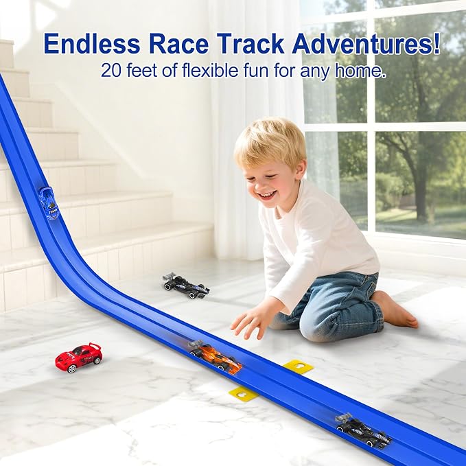Flexible Race Track for Kids Starter Set - 20FT Flex Race Car Ramp Track with Strong Suction Cups, Rolls Up Portable DIY Racetrack Compatible with Hot Wheels & Diecast 1/64th Cars