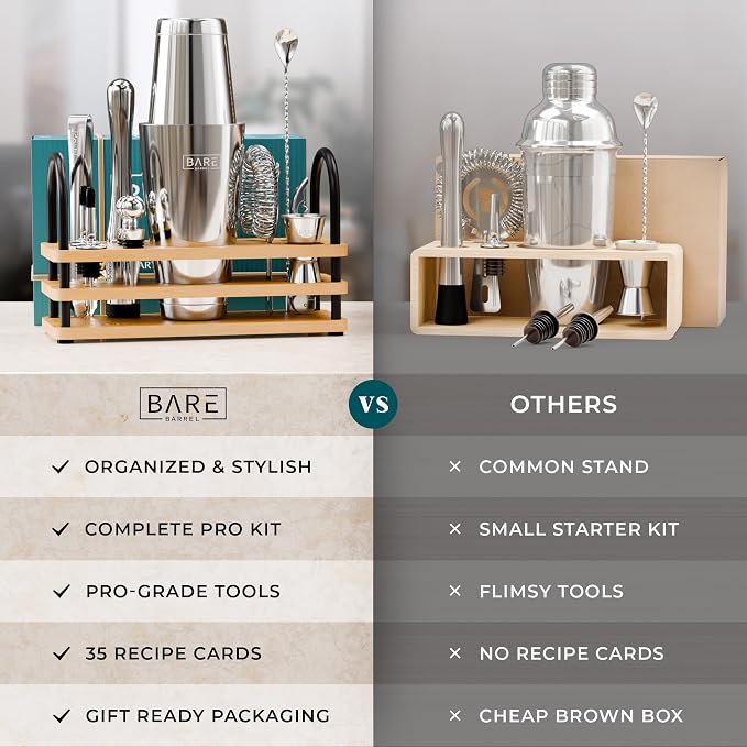 BARE BARREL® Mixology Bartender Kit Bar Set | 14-Piece Cocktail Shaker Set | Martini Barware Mixing Tools for Home Bartending | 35 Recipe Cards | Gift Set (28oz Boston Shaker, Silver/Natural)