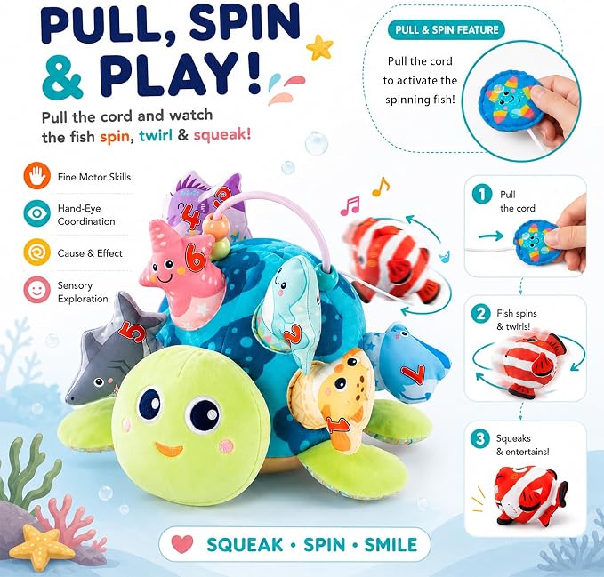 Baby Sensory Pull Out Toys – Soft Plush Turtle with 8 Detachable Baby Animals, Crinkle Paper & Rattle, Montessori Fine Motor Skill Toy for 6-12 Months Infant, Toddler 1-3 Year Old