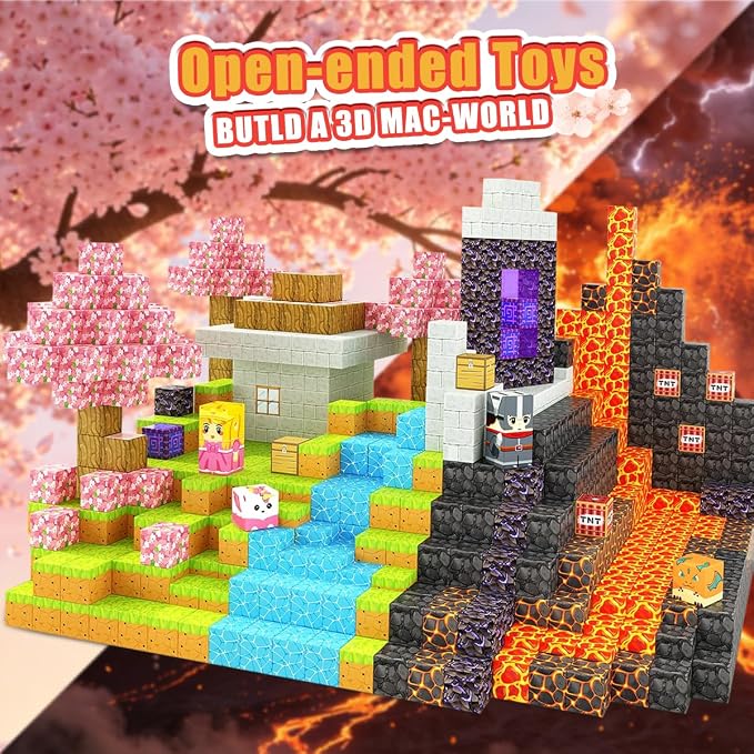 200PCS Magnetic Blocks - Magnet Cubes, Lava Theme Magic Portal Set, Fade-Resistant STEM Sensory Building Bricks, Non-Toxic Montessori Construction Toys for 3+ Year Old Girls & Boys
