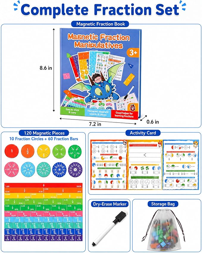 Magnetic Fraction Demonstration Book, Magnetic Fraction Tiles & Circles Educational Puzzle Set, Montessori Fraction Playbook for Kids, Math Manipulatives for Elementary School