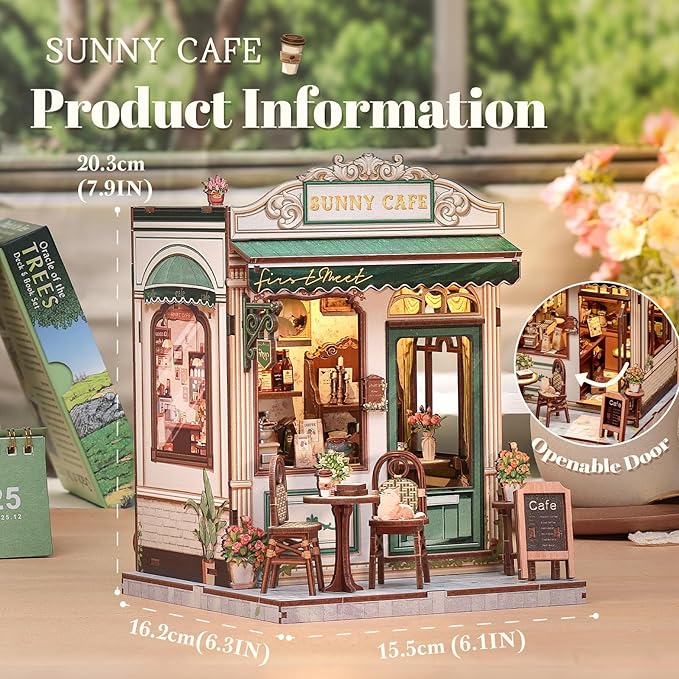 Fsolis Book Nook Kit - 3D Wooden Puzzles for Adults DIY Miniature Coffee House Booknook Gifts for Women Puzzle Lovers (Sunny Cafe)