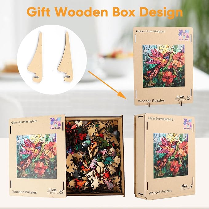 Mocfesk Wooden Puzzles for Adults, 200 Pieces Stained Glass Hummingbird Jigsaw Puzzle, Animal Shape Wood Puzzles, Gift for Bird Lovers, Wall Decor, 11.2 x 11.2 in