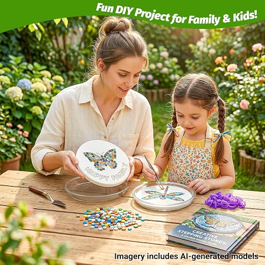 U0U 5PCS Stepping Stone Kit Includes Round Cement Molds, Mosaic Tiles and Carving Tools,DIY Garden Stepping Stone kit for Kids,Family,Outdoor Walkways Pavement Decoration (No Concrete Mix)