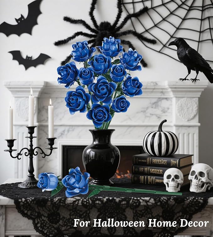 Blue Roses Flower Bouquet Building Set, Compatible with Lego Flowers, Artificial Flowers Botanical Collection Gift for Halloween Gothic Retro Home Decor