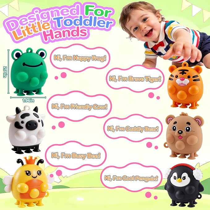 ChildFun 6 PCS Animal Suction Popper Sensory Toys, Toddler Travel Toys for Airplane Car Activities, Silicone Fidgets Toys for 12 Months+ Babies, Toys for 1 2 3 Year Old Girls Boys Birthday Gifts