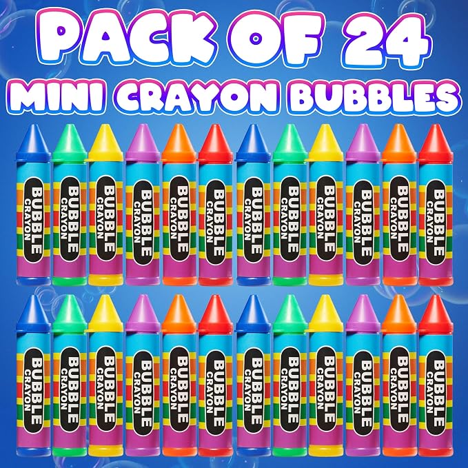 Mini Crayon Bubbles for Kids - (Pack of 24) Bulk 1 Fl Oz Bottles w/Wands - Crayon Shape Bubbles in Bright Colors - Non-Toxic Party Favor Toys, Goodie Bags for Spring & Summer