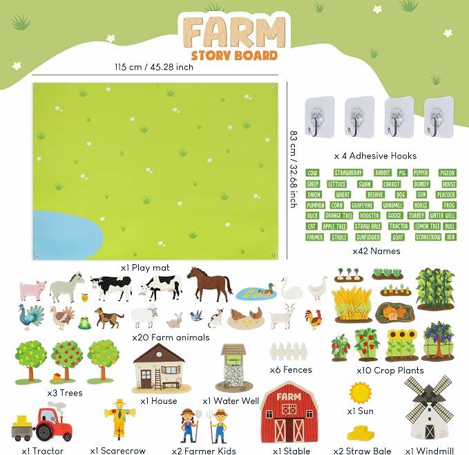BONNYCO Felt Board for Toddlers with 92 Animal Farm Figures. Montessori and Sensory Toys, Birthday Gifts for Kids 3-8 Years Old. Educational Games, Learning Activities, Christmas