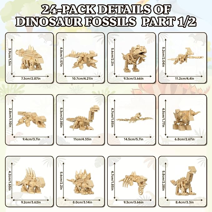 Tenhorses Dinosaur Party Favors for Kids, 24 Dinosaurs Fossil Building Sets,Dinosaur Toys, Party Favors for Kids 4-8, Easter,Christmas, Birthday Gift for Dinosaur & Fossil Enthusiasts(795PCS)