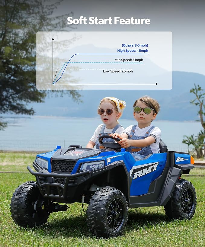 ELEMARA 24V Ride on Toy for Big Kids,Ride on Car 2 Seater w/Sun Shade,Dump Bed & Shovel,4.5MPH,4WD Electric Car for Kids,Battery Car w/Remote,Kids Ride on Truck,3 Speeds,LED Lights,Bluetooth, Royal