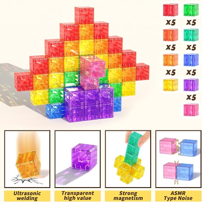 Apluses 45PCS Magnetic Blocks - Transparent Magnet Cubes, Toddler Building Blocks, Sensory Autism Gifts for Kids Ages 3+, Preschool Travel Toys for 3-5 Year Old Boys and Girls