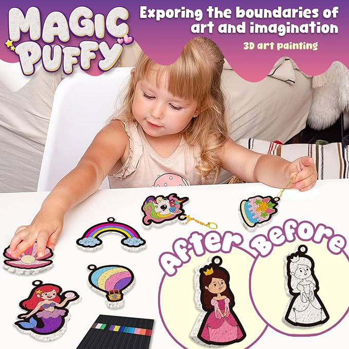 MZYTOZA 3D Art Kit Aqua Magic Puffs Princesses & Unicorns, Stocking Stuffers, 15 Mess-Free Paint by Number Craft for Kids, Christmas Gift Idea & Stocking Stuffer, Art Projects with Puff Markers