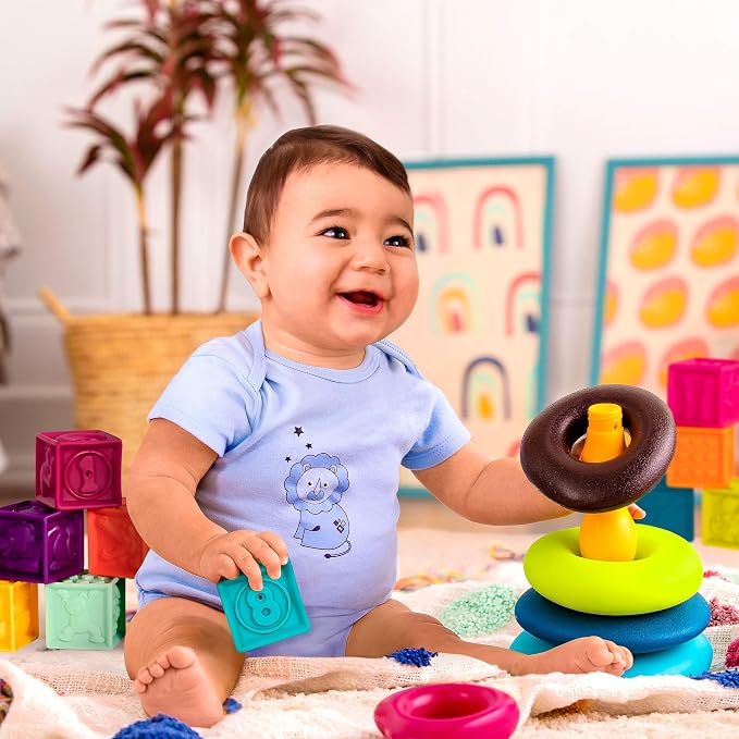 B. toys – Baby Blocks & Stacking – 10 Numbered Blocks & 5 Colorful Rings – Building Play Set for Infants – Educational Toys – One Two Squeeze & Stacking Stones – 6+ Months