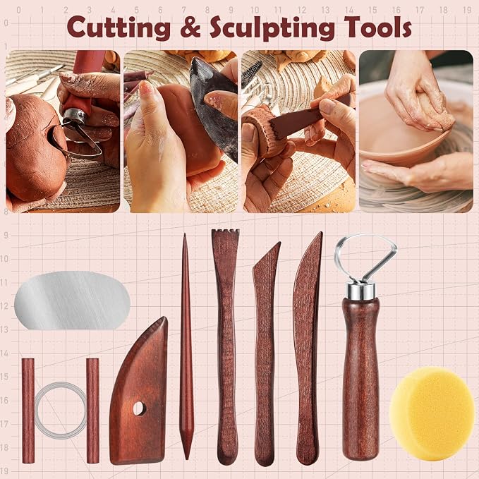 52PCS Pottery Tools Kit for Sculpting, Ceramic Tools, Clay Carving Tools for Polymer Clay, Modeling, Trimming, Molding, Shaping, Pottery Kiln, Arts Crafts Supplies, Adults, Students, Beginners, Pros