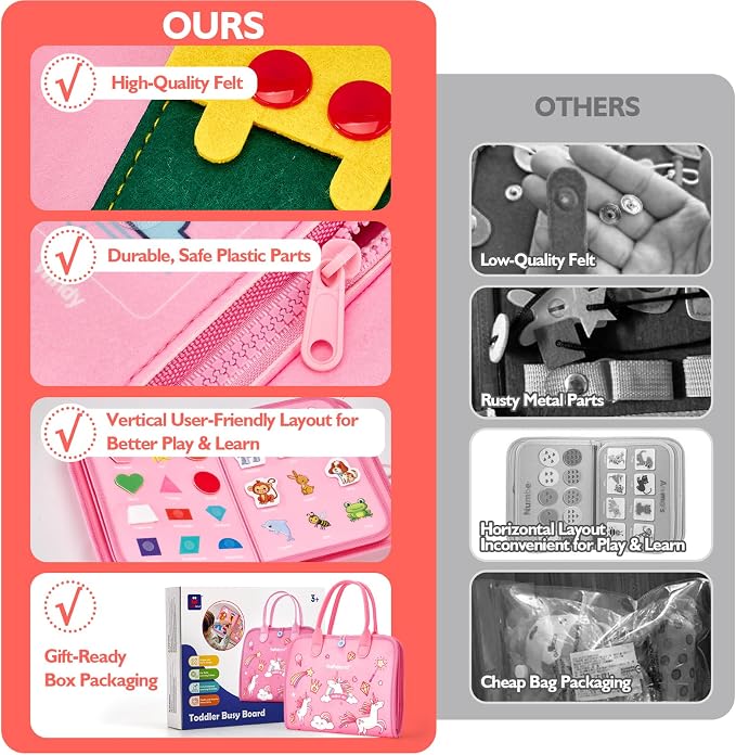 hahaland Toddler Busy Board Montessori Toys for 3 Year Old Girl Gifts, Educational Learning Toys with Life Skills, Alphabet, Number, Shape, Color, Car Ride Airplane Travel Toy Toddlers Girls Busy Book