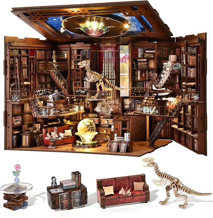 MiniCity DIY Book Nook Kit for Adults, 3D Wooden Puzzle Bookend Bookshelf Insert Decor with LED Light and Dust Cover (Beyond Library Max)