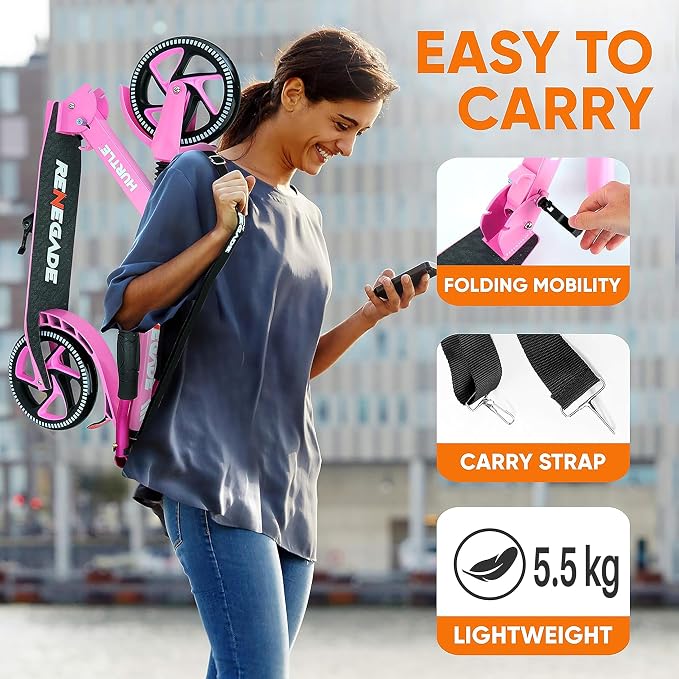 Hurtle Renegade Kick Scooter for Kids, Teenagers & Adults - 2-Wheel Folding Scooter with Adjustable T-Bar Handlebar - Alloy Anti-Slip Deck