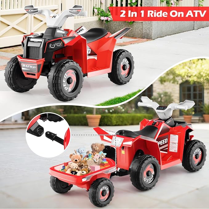 OLAKIDS 6V Kids ATV with Removable Trailer, Forward Backward Function, Widened & Wear-Resistant Wheels, Ride On Toy for Toddlers (Red)