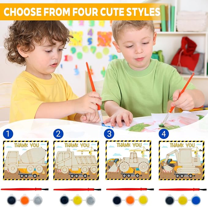24 Set Construction Birthday Party Supplies, Trucks Parties Craft Construction Theme Birthday Paint Party Favors with Wooden Painting Crafts, Thank You Cards, Paints, Brushes and Bags Decorations