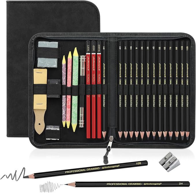 Heshengping, Sketching and Drawing Pencils Set 26pcs, Art Supplies Drawing pencil Kit,Graphite Charcoal Professional Pencils Set, Adults Beginners Artist