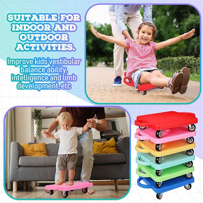 6 Pieces Sports Scooter Board Bulk Sitting Scooter Board with Handles Plastic Casters Sport Flat Scooter for Kids Children Gym Indoor Outdoor Activities Play Equipment(Light Color)