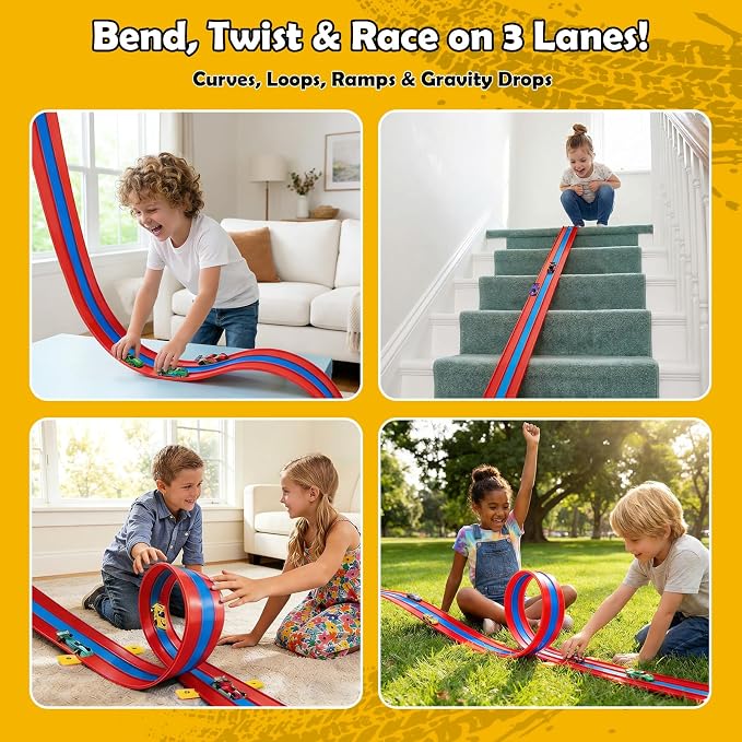 16ft Flex Track, Flexible Race Track for Kids 3-5 Year Old with 4 Pull-Back Cars, Portable Roll Up Racing Car Tracks for Toddlers, Birthday Gifts for Boys Girls (3 Lane - Blue & Red)