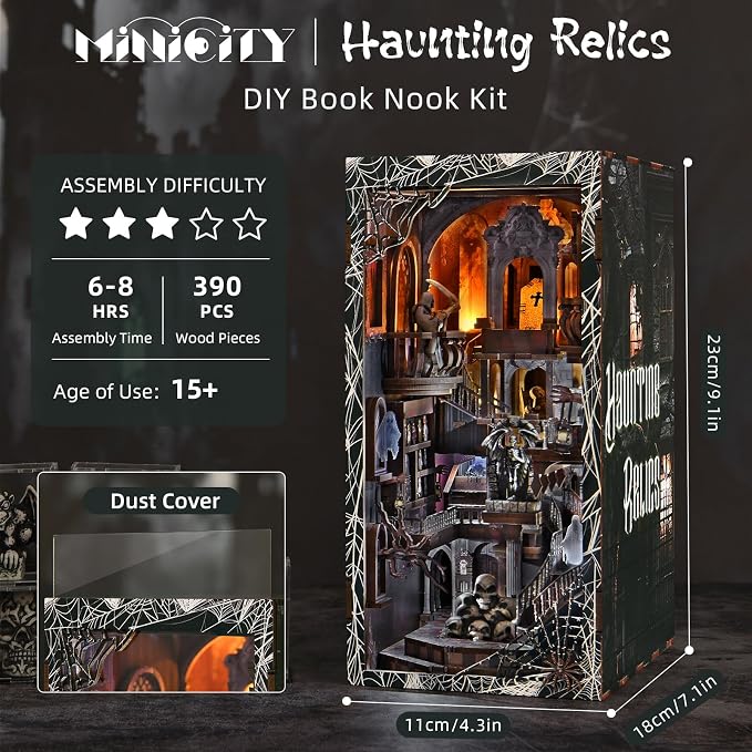 MiniCity Magic Booknook Building Set with LED Light, Mini Bookend Building Kit for Bookshelf & Home Decor, DIY Miniature Book Nook Building Model for Kids Adults Teens (Haunting Relics)