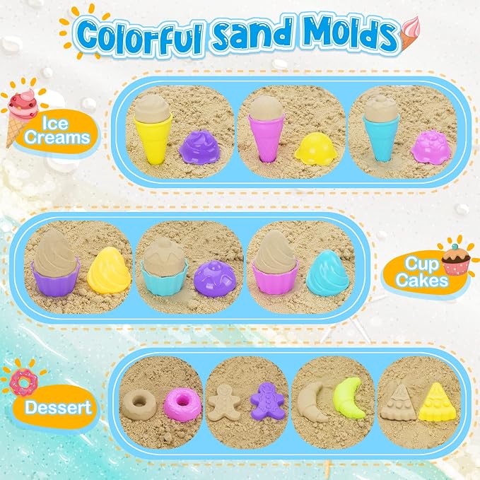 TSDATOWR Ice Cream Beach Toys Sand Toys Set for Kids, Collapsible Sand Bucket and Shovels Set with Mesh Bag, Sand Molds, Watering Can, Sandbox Toys for Kids and Toddlers, Travel Sand Toys for Beach
