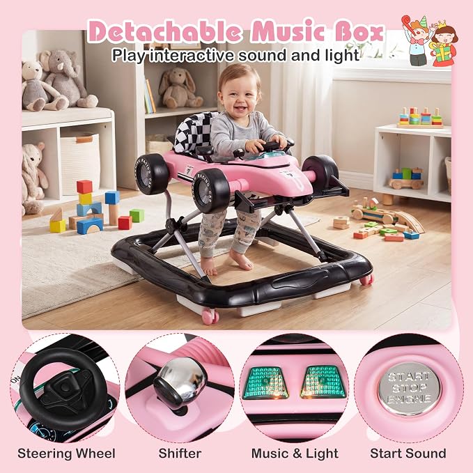 BABY JOY 4-in-1 Baby Walker, Foldable Activity Walker with Push Mode, Adjustable Height, Lights, Anti-Rollover, Baby Walker with Wheels for Boys Girls 6-18 Months (Pink)