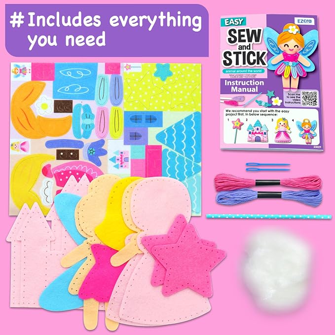 EZCRA Fairy Sewing Kit for Kids Ages 4-8 - 4 Beginner Kids Sewing Crafts Projects - No-Mess Arts & Crafts for Girls - Gift for Kids with Felt Stickers