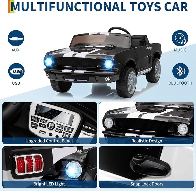 Garvee 24V 2 Seater Ride on Licensed Shelby GT350, Battery Powered Ride on Toys for Kids with Remote Control, Ford Shelby Kids Electric Vehicle 2 Seat, Safety Belt, 2 Speeds, LED Lights, Black