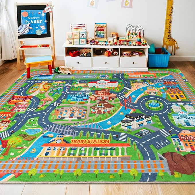 Car Rug Play Mat for Kids Toy Cars, Road Traffic Playmat for Kid Bedroom, Non-Slip Machine Washable Town City Race Track Carpet for Learn and Have Fun 7'x9'/ 84"x108"