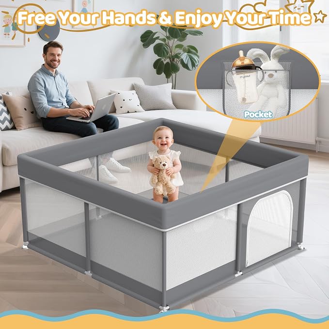 Grey Baby Playpen 64"x64" - with 2 Pull Up Rings Full Cover Anti-Collision Large Playard for Babies and Toddlers Dark Gray Pack n Play Alternative Safety Play Yard Infant Activity Center