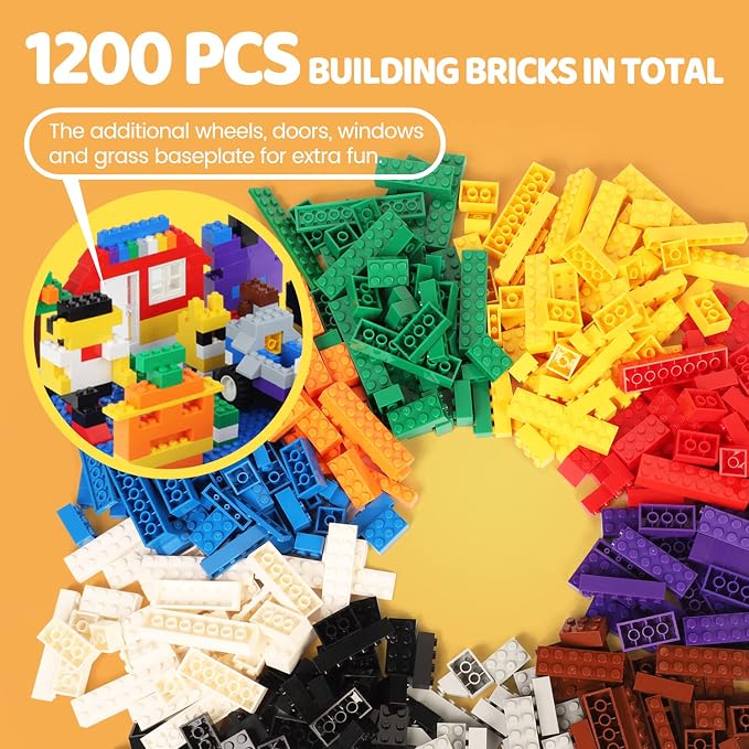 Classic Building Bricks Set, Includes Wheels, Doors, Windows - 14 Shapes Creative Building Blocks, Compatible, Weighs Approx. 3.53 lbs