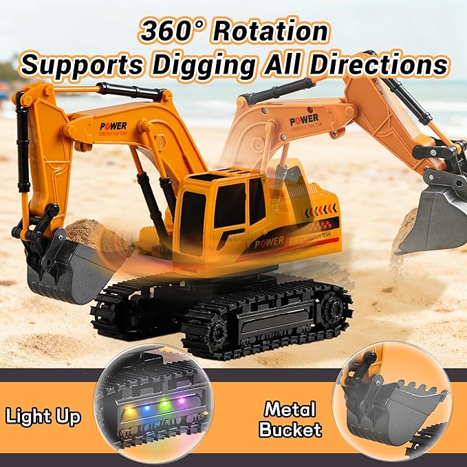 Remote Control Excavator Toy 12-Channel Mini RC Excavator with 2 Batteries & Metal Bucket Lights Sounds RC Digger Construction Vehicles Toys for Boys 3+ Years Old