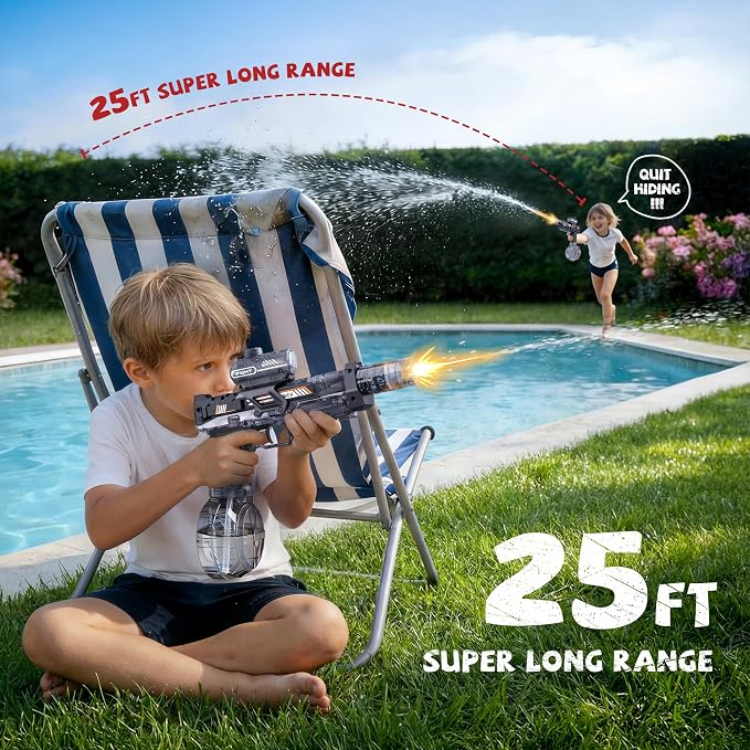 2 Pack Water Gun for Kids Boys, Squirt Water Gun for Kids with LED Light & 25 FT Shooting Range, Large Capacity No Leak Water Guns, Summer Swimming Pool Beach Outdoor Water Fighting Parties Toys