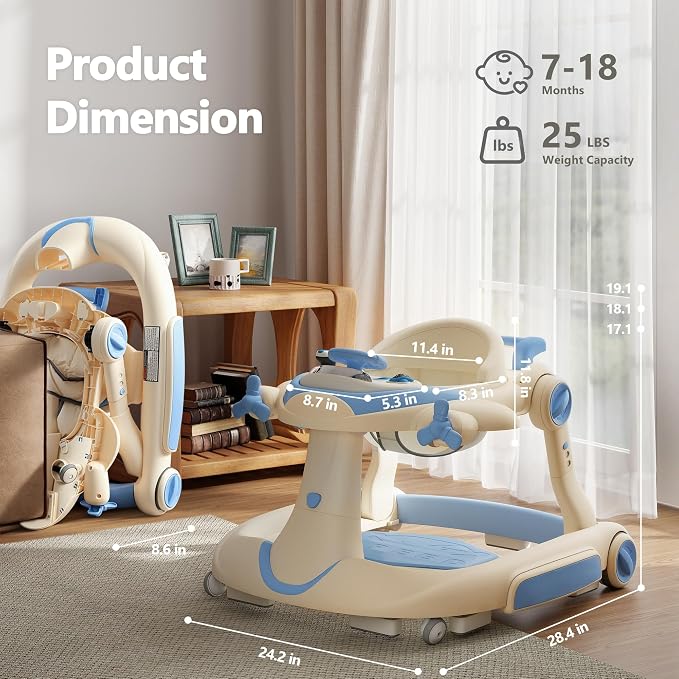 Kinder King 8-in-1 Baby Walker with Music & Lights, 3 Level Adjustable Height, Foldable Toddler Walker with Speed Adjustable Wheels, Easy to Clean, Baby Walkers for Boys & Girls 6-18 Months