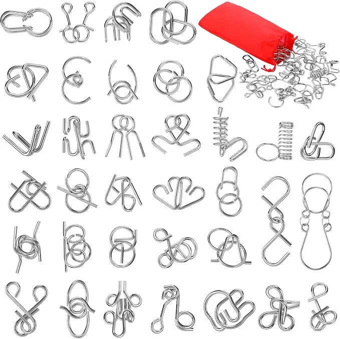 Metal Brain Teaser Puzzles Set of 36 with Pouch, Steel IQ Games Physics Mind Metal Puzzles for Adults Basket Stocking Stuffers for Boys Girls Adults Challenge Gifts (Easy)