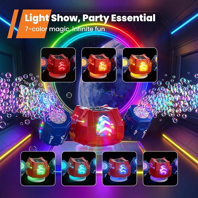 GoGonova Bubble Machine, 30000+ Bubbles/Min Rechargeable Kids Bubble Machine with Remote Control, Big Bubble Blower Maker, 360° Auto Rotation & 2 Speeds, 7-Color RGB Lights, Mecha Leader
