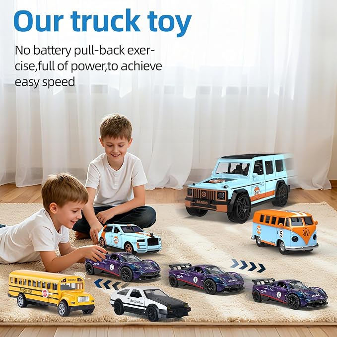 1:32 Alloy Pull Back Truck Toys for Kids, 6 Pack Die Cast Car Set with Road Map, Traffic Signs & Light, Toy Vehicle Playset, Birthday for Boys Girls Ages 3-8