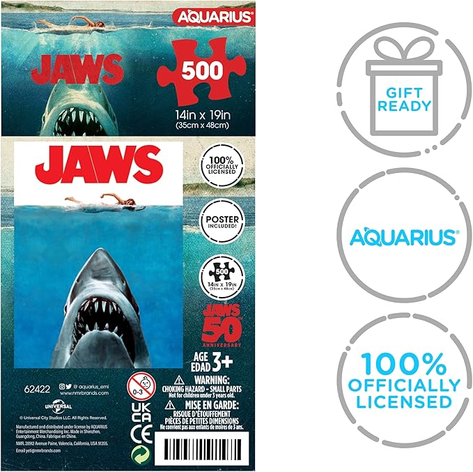 Aquarius Jaws 500 Piece Jigsaw Puzzle for Adults - Jaws One Sheet Movie Shark Puzzles Merchandise 14"x19" Collectible Gift